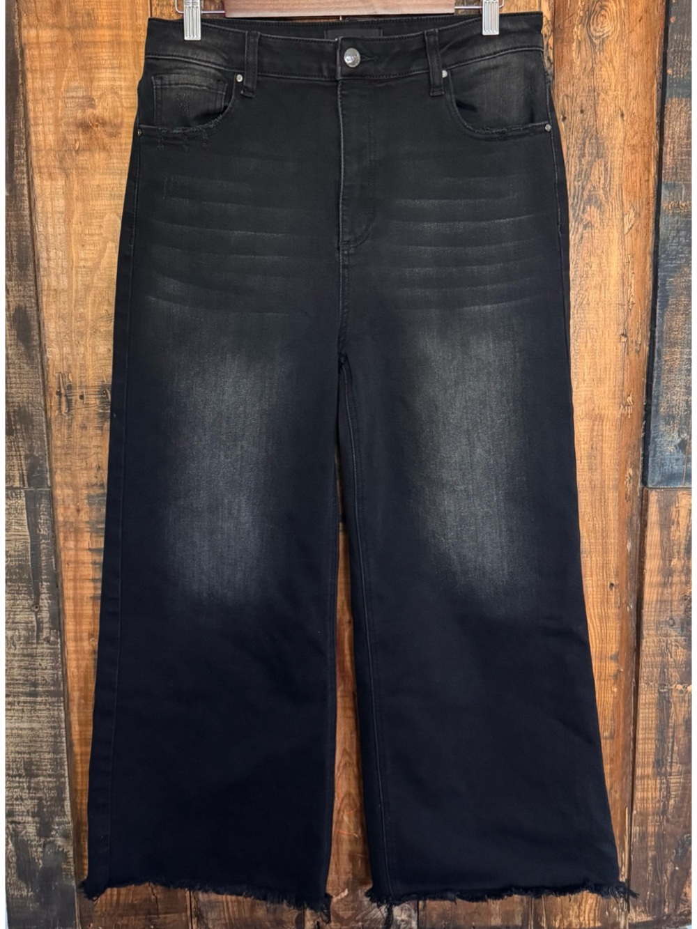 Risen Jeans Womens Raw Hem Wide Leg Black Wash Jeans Size 13/31